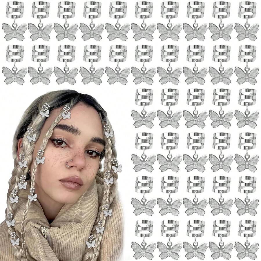 40入組銀色蝴蝶髮夾珠寶手鐲蝴蝶辮子配飾夾子可調節金屬蝴蝶裝飾環夾子辮子頭髮魅力造型配件女士