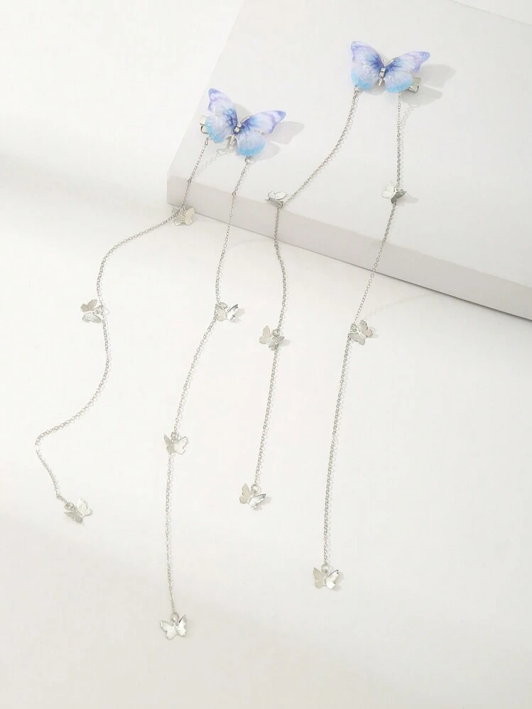 2 piezas clips de pelo con colgantes de cadena de mariposa para niñas, decoración diaria - Multicolor - Añade 16