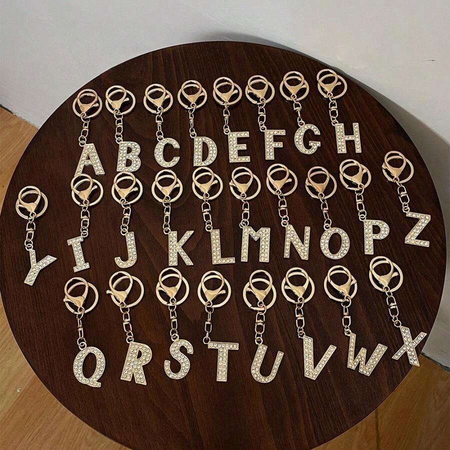 [1pc Random Style]Creative 26 English Letter Keychain Zinc Alloy Inlaid ...