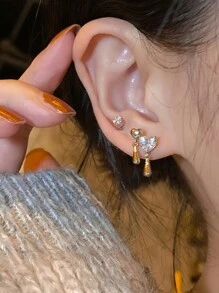 3對/套時尚水鑽裝飾蝴蝶設計耳環適合女士日常裝飾 - 銀色 - 查看 2