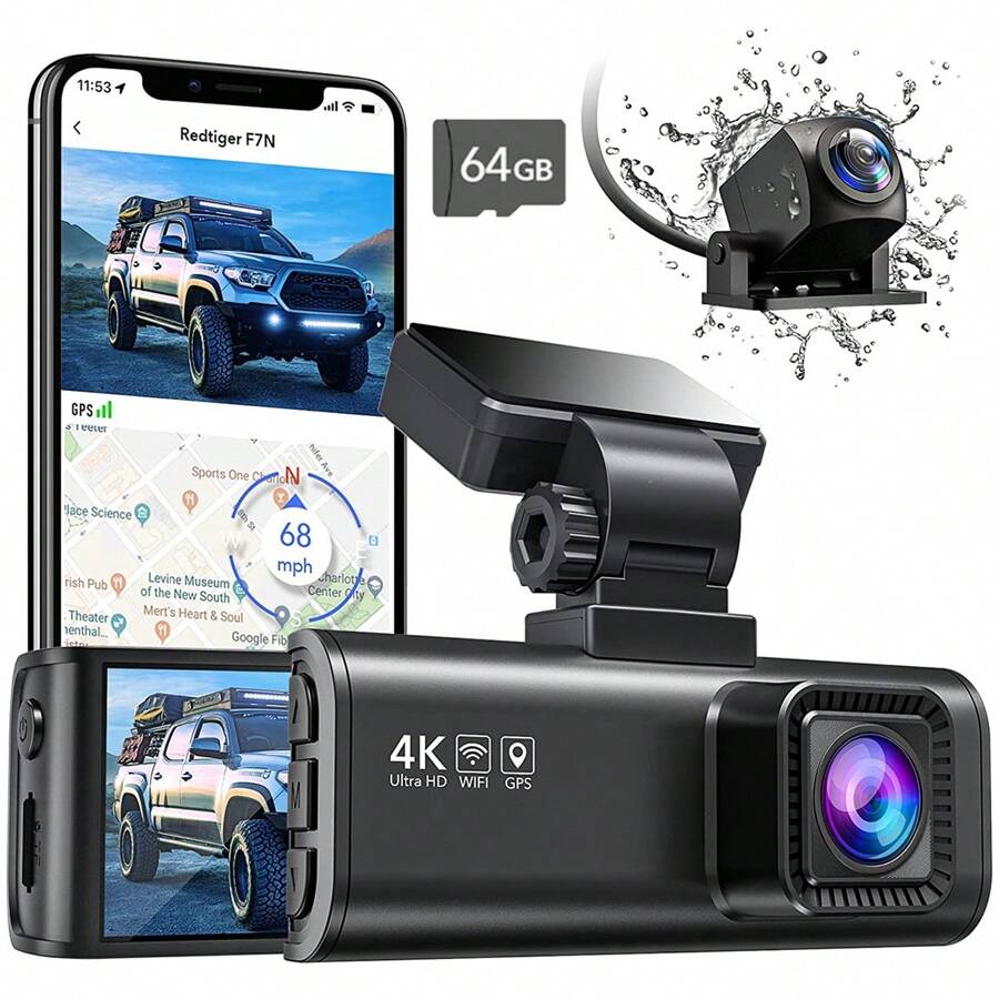 REDTIGER F7N 4K Dual Dash Cam With Free 64GB Card, Built-In WiFi GPS Front 4K/2.5K And Rear 1080P Dual Dash Camera For Cars,3.18 Inch Screen,170° Wide Angle, Parking Monitor, Support 256GB Max - 黑色 - 查看 1