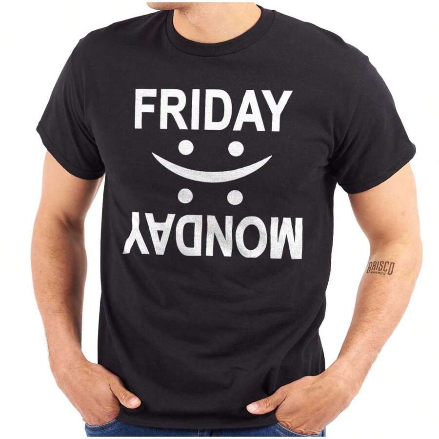 星期五星期一快乐悲伤周末氛围图案 T 恤 - 黑色 - 查看 1