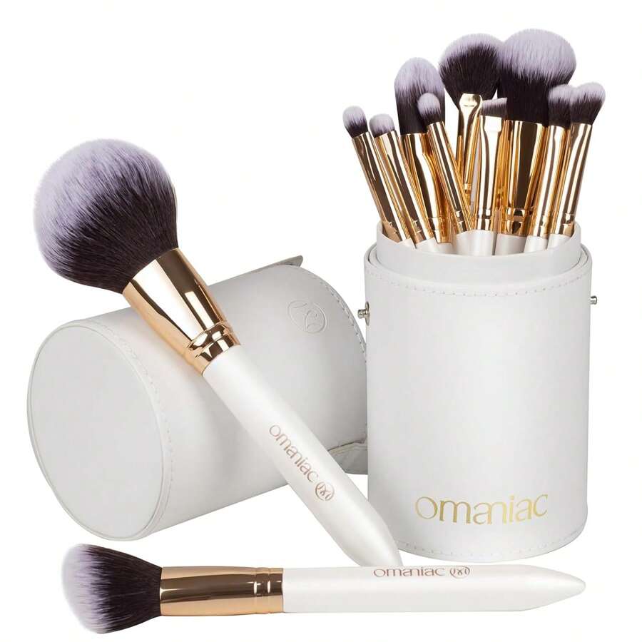 OMANIAC Makeup Brush Set Professional, 12 Pearlescent Wood Handle Makeup Brushes, Premium Cruelty-Free Synthetic Fiber Hair, Travel Make Up Brushes Set With Case (Black) - trắng - Xem 1