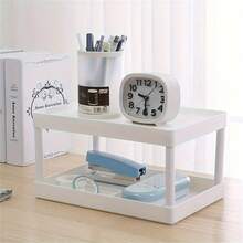 Desktop Storage Rack, Double-Layer Stationery Organizer, Office Desk Storage Box, File Holder - White - View 1