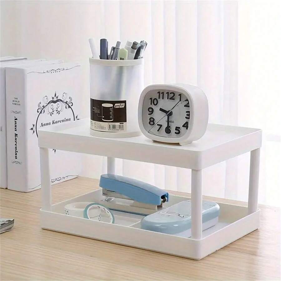 Desktop Storage Rack, Double-Layer Stationery Organizer, Office Desk Storage Box, File Holder - White - View 1