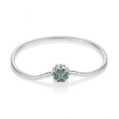 Silver Color Lucky Four-Leaf Clover Green Zirconia Sparkling Disc Clasp Snake Chain Bracelet Fit Original Charms DIY Jewelry Gift Valentines