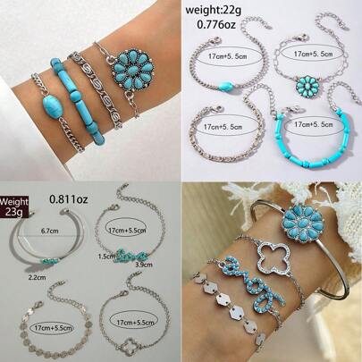 4pcs/Set Bohemian Style Turquoise Inlay Bracelet,  Bowknot Floral Turquoise Bracelet, Suitable For Women's Daily Wear