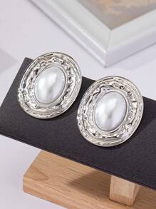 1pair Geometric Texture Oval Shape Pearl Inlay Pendant Retro Elegant Lady Stud Earrings For Women, Europe And America - Silver - View 2