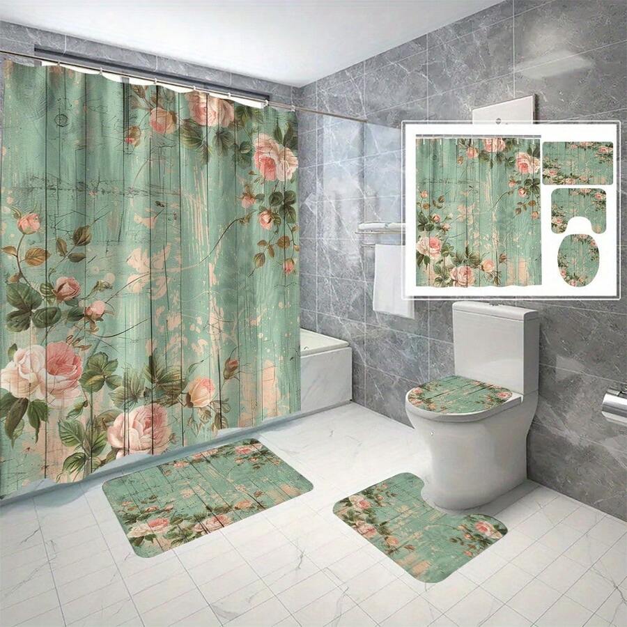4pcs Rose Wood Bathroom Curtains, Digital 3D Printed Waterproof Shower