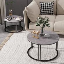 Round Nesting Coffee Table Set Of 2 Sintered Stone Sofa Side Table With Metal Frame - Grey - View 6