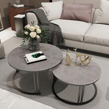Round Nesting Coffee Table Set Of 2 Sintered Stone Sofa Side Table With Metal Frame - Grey - View 4