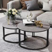 Round Nesting Coffee Table Set Of 2 Sintered Stone Sofa Side Table With Metal Frame - Grey - View 5