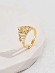 1pc Fashion Cubic Zirconia Crown Heart-Shaped Vintage Embossed Portrait Adjustable Ring, Versatile Daily Charm Women's Jewelry Accessory Gift - ring - View 4