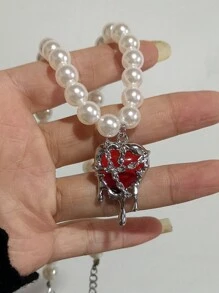 1 pieza Collar con colgante en forma de corazón y lazo, perla falsa, estilo gótico Kpop Harajuku, estética, para mujer y niña, Y2k, 2000s, EMO, vintage, punk, accesorios de joyería, regalo para San Valentín, mamá, madre, Día de la Madre