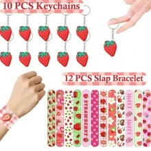 Juego de regalo de fiesta, 72 piezas, que incluye: Tarjetas de papel (50 piezas), Llaveros con forma de fresa (10 piezas), Pulseras con aplauso de PVC (12 piezas), Pequeños regalos para decoración de fiesta de vacaciones, Navidad