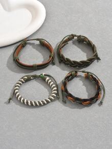 4-Piece Boho Style Fashion Personality Handwoven Twine Popular Multi-Layer Leather Bracelet Set For Men And Women