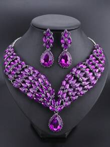 1pc Luxurious And Fashionable Crystal Water Drop Pendant Silver Necklace Earrings Jewelry Set, Perfect For Women's Wedding, Party And Formal Dressing Up