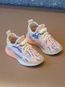 1雙中性兒童針織透氣網布休閒運動鞋，柔軟防滑果凍鞋底適合所有季節