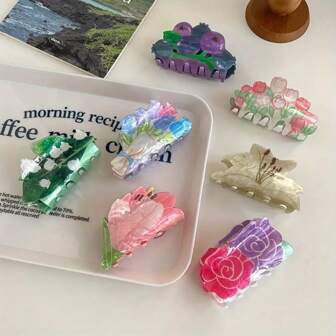 1 件花爪夹 - 郁金香百合玫瑰亚克力花发夹 - 多巴胺发饰、发爪、爪夹、发夹、发夹秋冬度假装女士