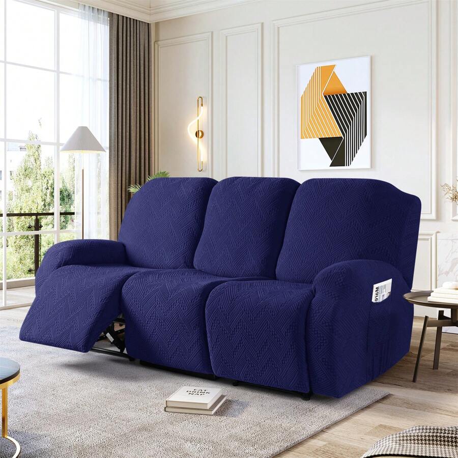 Stretch Recliner Sofa Covers, Reclining Couch Covers With Pockets, Jacquard Reclining Sofa Covers Soft Washable Furniture Protector With Elastic Bottom - Dark Blue - View 1
