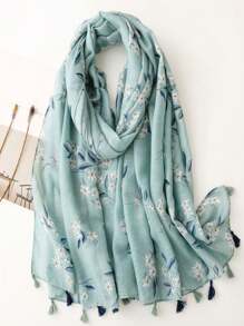 新款波西米亚印花围巾，透气轻盈，带流苏披肩，优雅风格，女士防晒度假旅行围巾配饰，秋冬季必备 - 綠色 - 查看 1