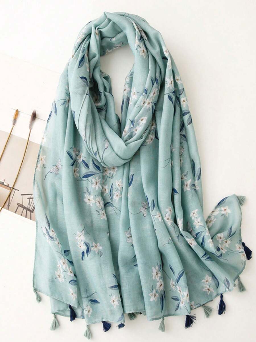 新款波西米亚印花围巾，透气轻盈，带流苏披肩，优雅风格，女士防晒度假旅行围巾配饰，秋冬季必备 - 綠色 - 查看 1