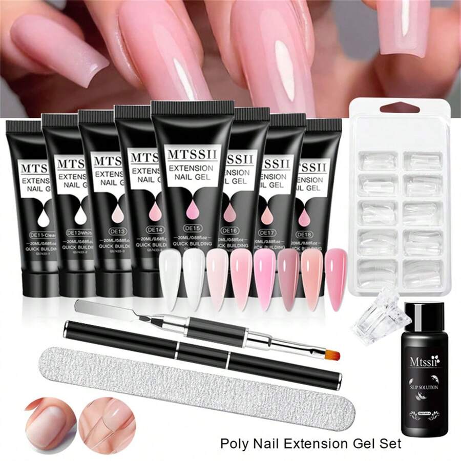 13 pièces/set Ensemble de gel d'extension poly 20 ml Kit de Nail Art Polygels couleur blanche transparente Gel UV pour ongles Formulaire de pointe Tranche de gel acrylique pour ongles Kit de pinceaux avec 100 pièces de moules d'extension pour ongles