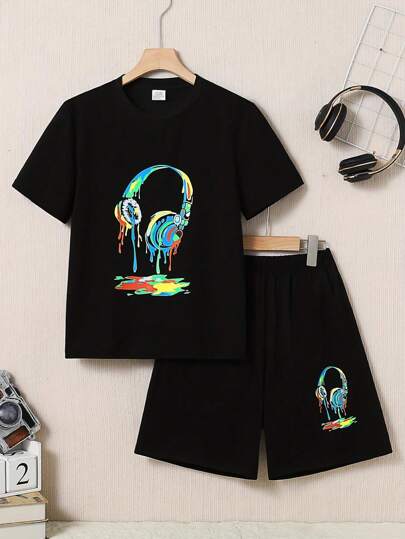 2pcs Teen Boy Summer Fashionable Casual Outfit, Colorful Headphone Pattern Printed T-Shirt And Elastic Waist Shorts, Breathable Lightweight Summer Clothes