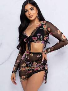 4 piezas conjunto de traje de baño para mujer playa bañadores con estampado floral moda,Navidad, Regalo de Navidad, Invierno, Día de Acción de Gracias, Decoración Navideña, Maquillaje, Fiesta, Playa, Viajes, Ropa de Vacaciones, Rosa, Años 2000, Ofertas, Regalo. - Negro - Ver 6