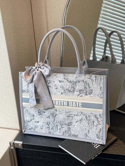 1 件，（11 英寸 * 7.9 英寸 * 3.9 英寸）时尚女士手提包，容量大，方形，轻巧，配有精致的丝巾装饰。采用防刮耐磨材料制成，适合购物、约会、聚会、工作、通勤。字母图案，优雅、简约、休闲灰色和粉色女士手提包。，女士时尚蝴蝶结钱包