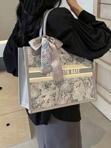 1 件，（11 英寸 * 7.9 英寸 * 3.9 英寸）时尚女士手提包，容量大，方形，轻巧，配有精致的丝巾装饰。采用防刮耐磨材料制成，适合购物、约会、聚会、工作、通勤。字母图案，优雅、简约、休闲灰色和粉色女士手提包。，女士时尚蝴蝶结钱包 - 灰色 - 查看 6