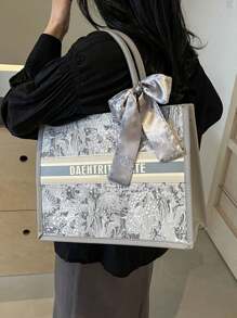 1 件，（11 英寸 * 7.9 英寸 * 3.9 英寸）时尚女士手提包，容量大，方形，轻巧，配有精致的丝巾装饰。采用防刮耐磨材料制成，适合购物、约会、聚会、工作、通勤。字母图案，优雅、简约、休闲灰色和粉色女士手提包。，女士时尚蝴蝶结钱包 - 灰色 - 查看 5