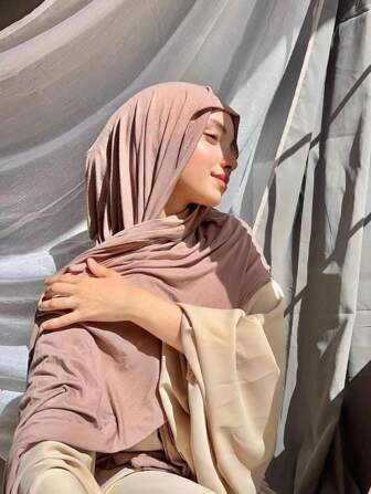 1 件柔软纯色头巾，纯色长围巾，女士针织头巾