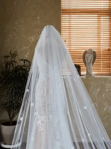1 mạng che mặt dài bằng ren và ngọc trai màu trắng cho cô dâu, mũ đội đầu bằng vải tuyn một lớp dùng cho chụp ảnh cưới/bãi biển/vườn, bao gồm cả lược trang phục mùa thu cho phụ nữ - A - Xem 7