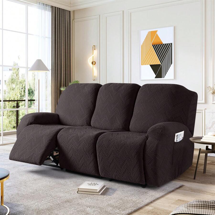 Stretch Recliner Sofa Covers, Reclining Couch Covers With Pockets, Jacquard Reclining Sofa Covers Soft Washable Furniture Protector With Elastic Bottom - 巧克力棕 - 查看 1