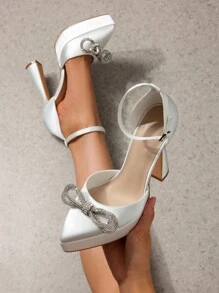 Tacones altos con plataforma y tira de tobillo con rhinestones para mujer, de unicolor, elegantes y de moda, zapatos de vestir para boda, fiesta y Día de San Valentín - Blanco - Ver 2