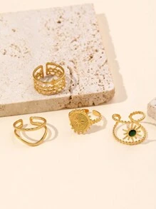 4pcs Stainless Steel Gold Crown, Sun, Flash Shield Logo Open Hollow Ring Set, Suitable For Daily Wear Or Gift Giving