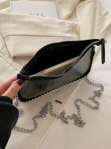 時尚女性流行鏈帶肩背包，鉚釘裝飾，拉鍊式封閉 - 黑色 - 查看 6