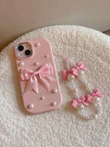 Pink 1pc Faux Pearl Bow Faux Pearl Lanyard Soft Phone Case Compatible With Apple 17/17 Air/17 Pro/17 Pro Max/16/16 Pro/16 Plus/16 Pro Max 16/16 Pro/16 Pro MAX/16E/15/15 Pro Max/15 Pro/14/13/12/XR/11, Fashionable Anti-Drop Protective Cover For Women - Pink - View 2