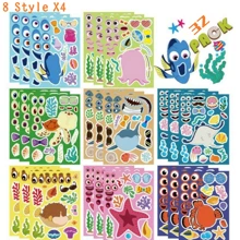 8/16/24/32 Sheets Reusable Make-A-Sea Face Stickers Ocean Animals DIY Art Craft Rewards For School Kid Teacher Summer Mermaid Party Favor Sticker For Birthday Gift Children Room Ocean Decorated Stickers,Stickers For Teachers,Boy Party Favors