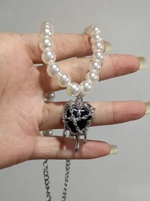 1 pieza Collar con colgante en forma de corazón y lazo, perla falsa, estilo gótico Kpop Harajuku, estética, para mujer y niña, Y2k, 2000s, EMO, vintage, punk, accesorios de joyería, regalo para San Valentín, mamá, madre, Día de la Madre