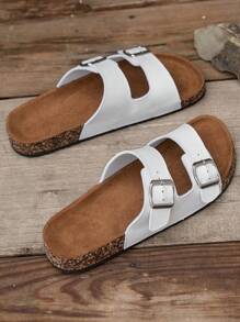 Men's Fashionable Double-Buckle Casual Non-Slip Slippers, Suitable For Indoor/Outdoor Walking, Open-Toe Slides