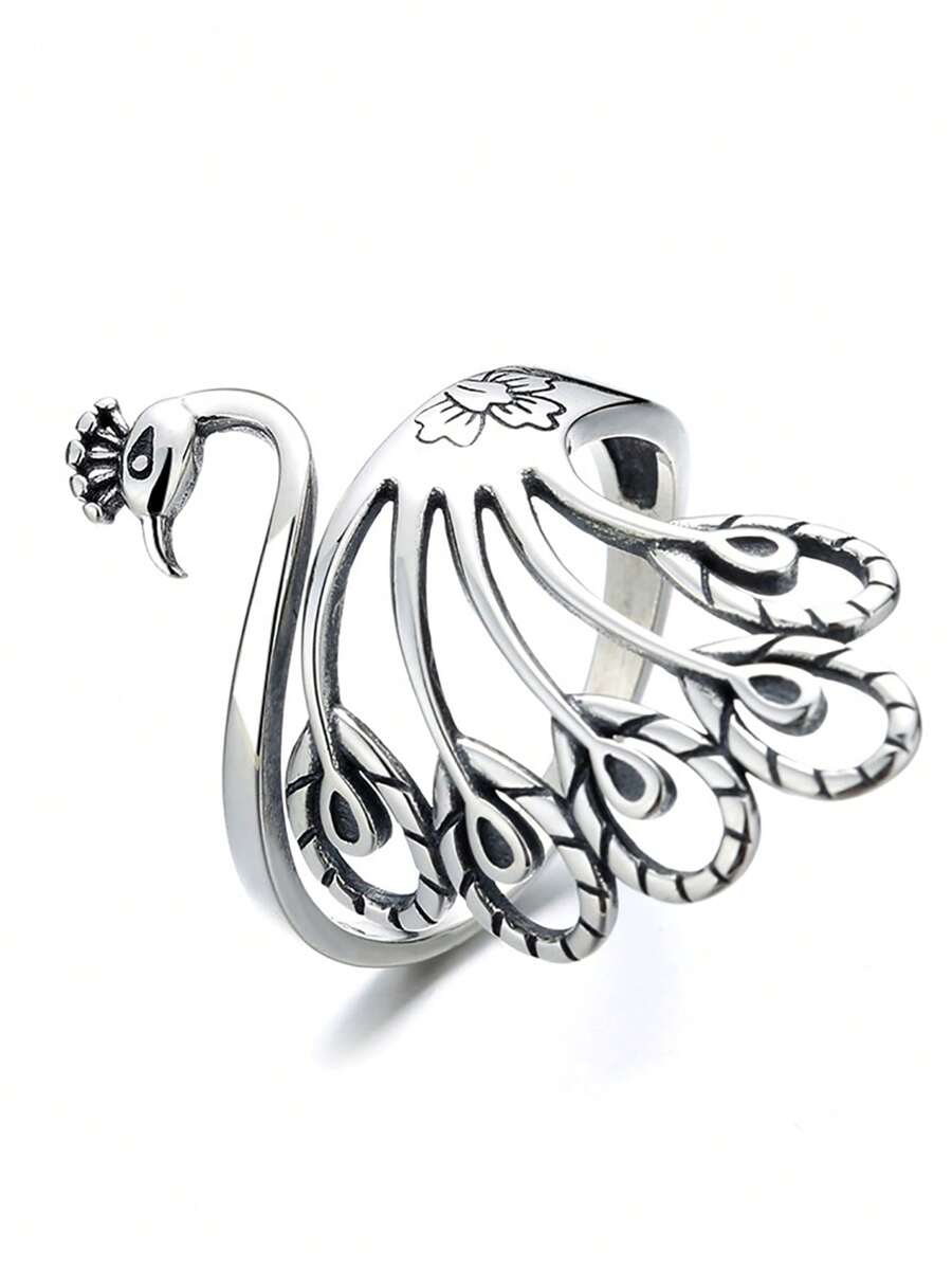 1 Máy Tính Tối Giản Sáng Tạo Vintage Con Công Nhẫn Bạc Với S925 Bạc Rộng Ban Nhạc Dành Cho Nữ, phượng Hoàng Thái Âm Đau Khổ Nhẫn - Bạc - Xem 1