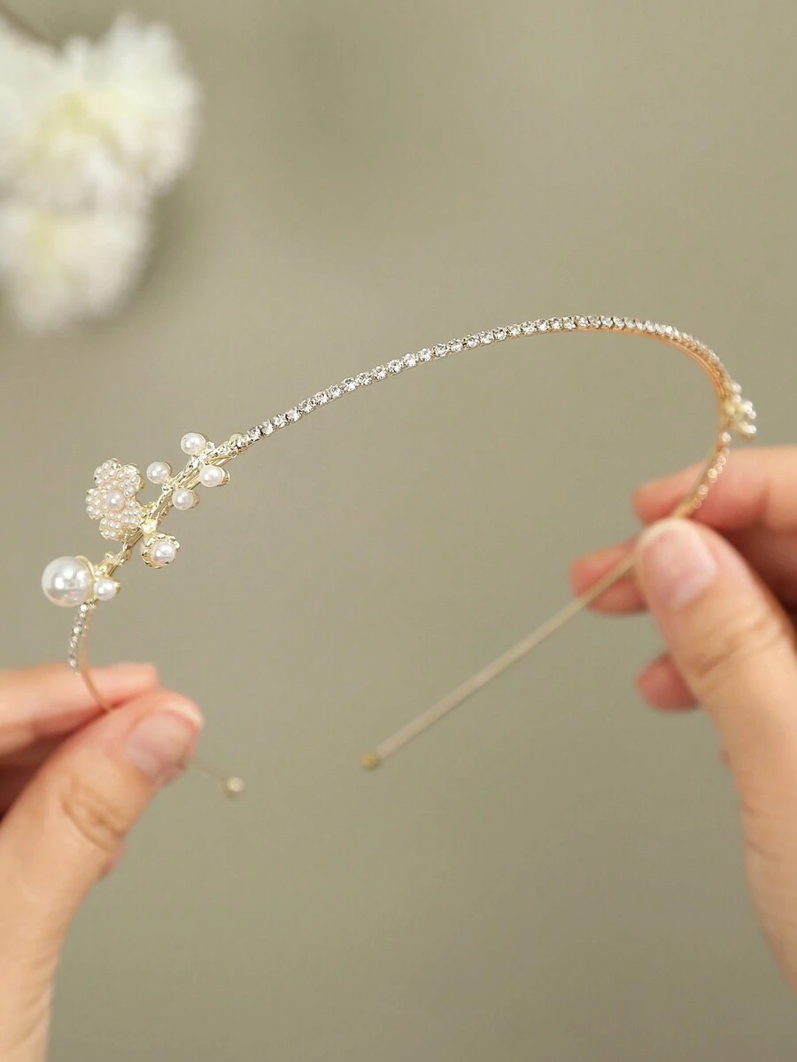 1pc Pearl Flower Rhinestone Decor Alloy Simple Headband For Women Tiaras - Gold - View 1