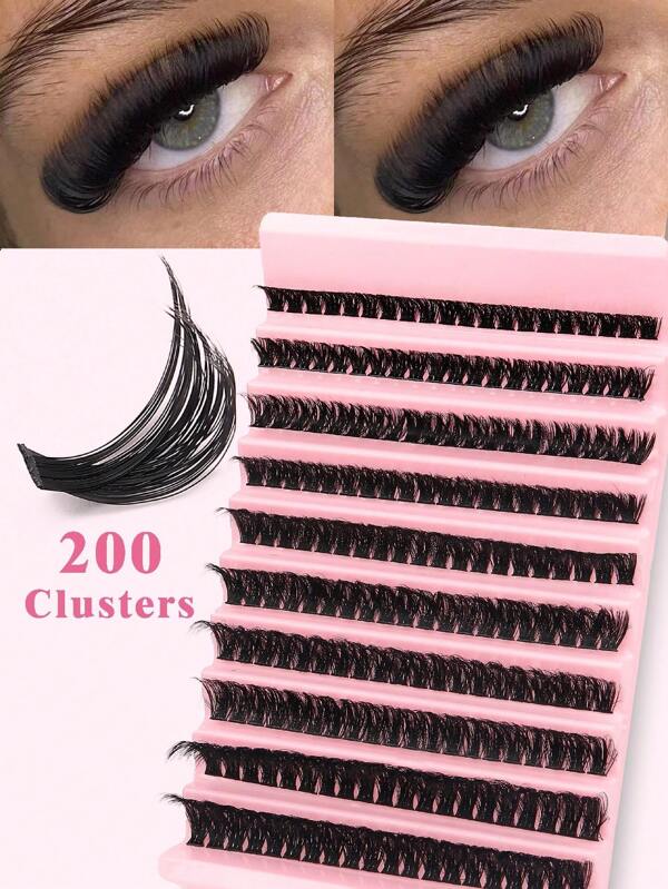 Complete DIY Lash Extension Kit: 200 Clustered Lashes, 80D/40D/30D Curvature Reusable Thick Fluffy Individual Lashes For Party Stage Festival Eye Makeup