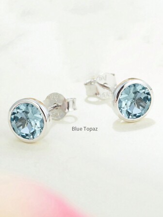 1pair 925 Silver & Natural Light Blue Topaz Stone Stud Earrings Suitable For Daily Wear