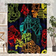 2入組遊戲玩家黑色控制器印花裝飾半遮光窗簾-適用於客廳、臥室、辦公室、廚房、家居裝飾、房間裝飾 - 黑色手柄 - 查看 4