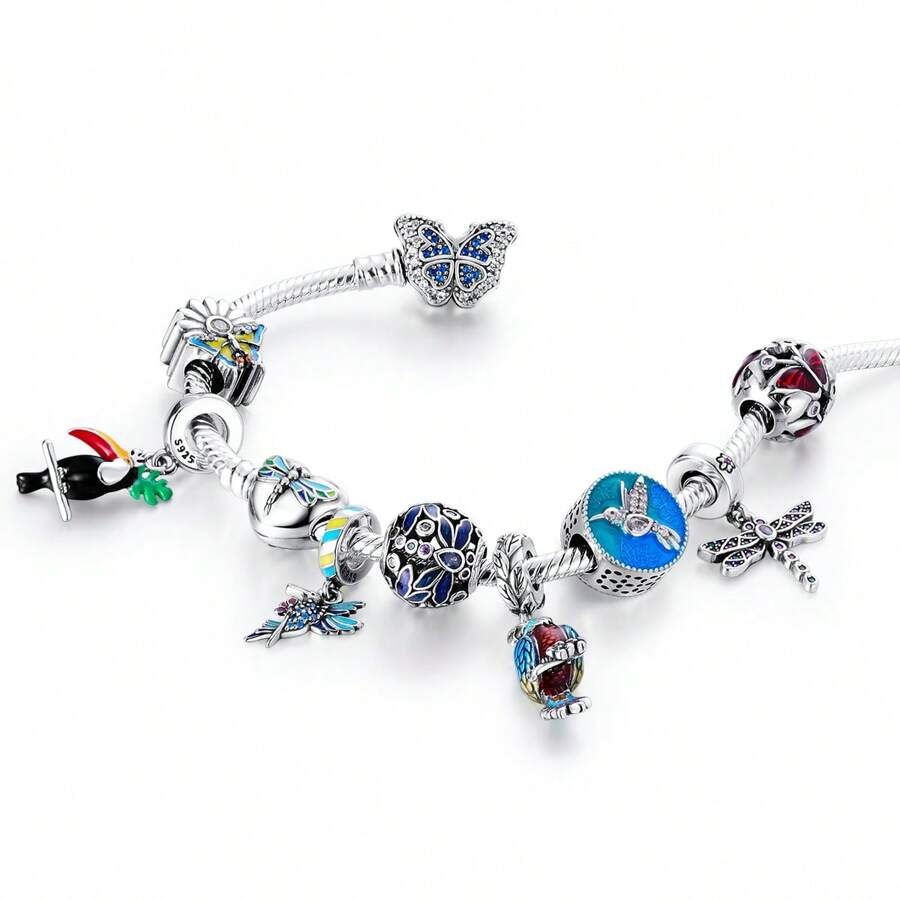 Vòng tay bướm màu bạc khảm dày đặc bằng hạt đá Zirconia hình con bướm nhiều màu sắc Cubic Zirconia hình con bướm phù hợp với phụ nữ nguyên bản Hạt charm DIY Trang sức Quà tặng tinh tế - Bạc - Xem 1