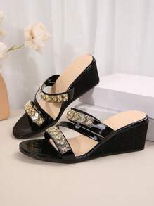Fashion Women's Wedge Heel Sandals With Rhinestone Decoration, Thick Soled Casual Outdoor Slippers - Black - View 6