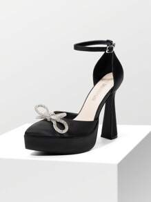 Women's Rhinestone High Heels Platform Ankle Strap Pumps Solid Color Elegant Fashionable Wedding Bridal Party Dress Shoes Valentines - 黑色 - 查看 5